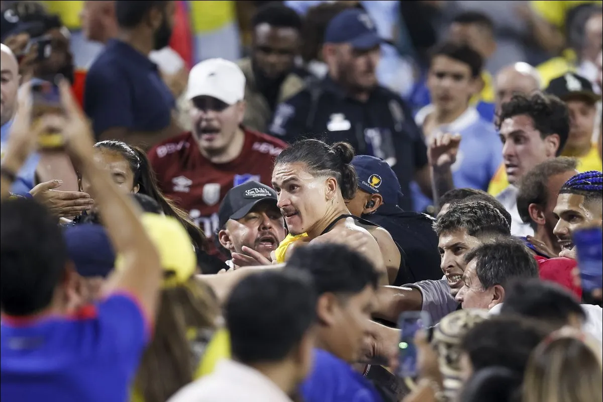 Tras la derrota frente a Colombia, Darwin Núñez se trepó a la tribuna y peleó con los hinchas colombianos.