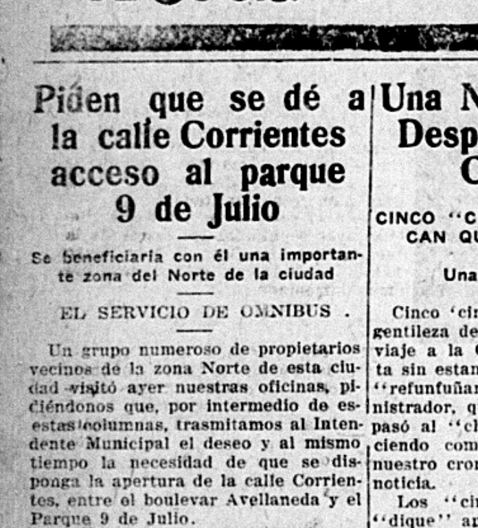 CORRIENTES. Una calle clave para el acceso al parque 9 de Julio y que hacia fines de la década de 1920 permanecía cerrada.