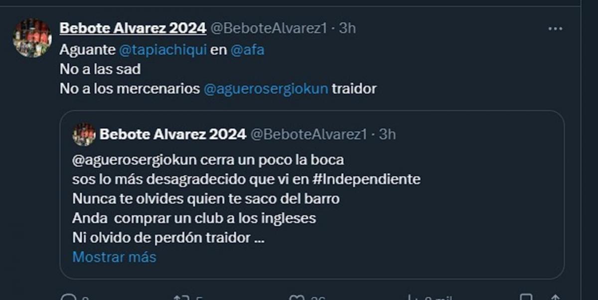 Un ex líder de la barra de Independiente amenazó a Kun Agüero por estar a favor de las SAD: “Tengo ganas de ir con los pibes”