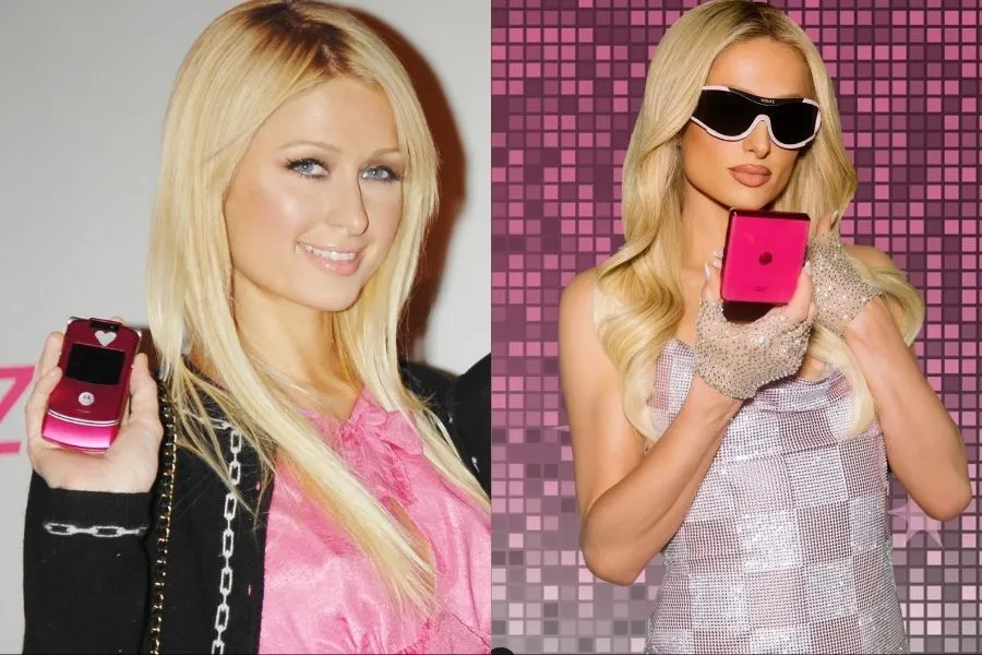 PARIS HILTON ESTÁ EN LA TENDENCIA. La celebrity con su teléfono plegable en los 2000 y con su nuevo teléfono Motorola hoy. /Foto: Instagram @parishilton