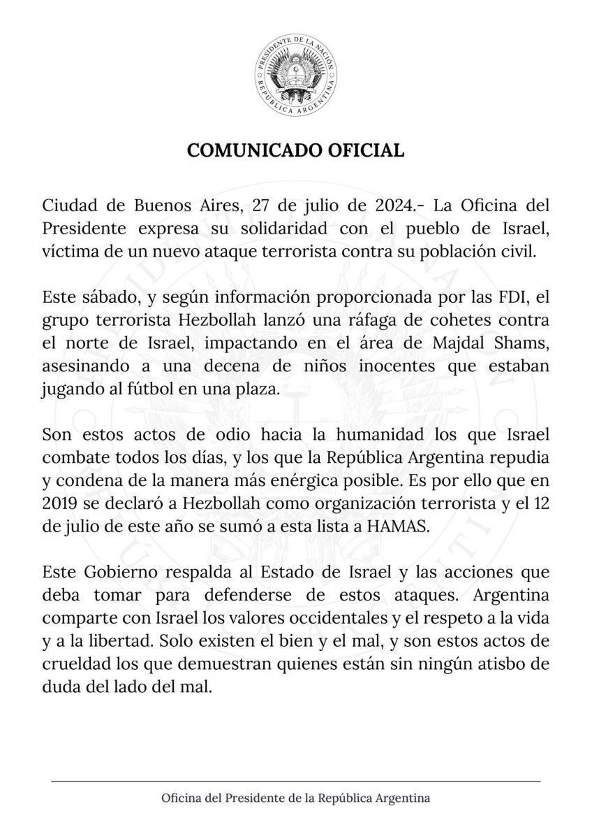 El Gobierno argentino repudió el ataque de Hezbollah contra Israel en los Altos del Golán