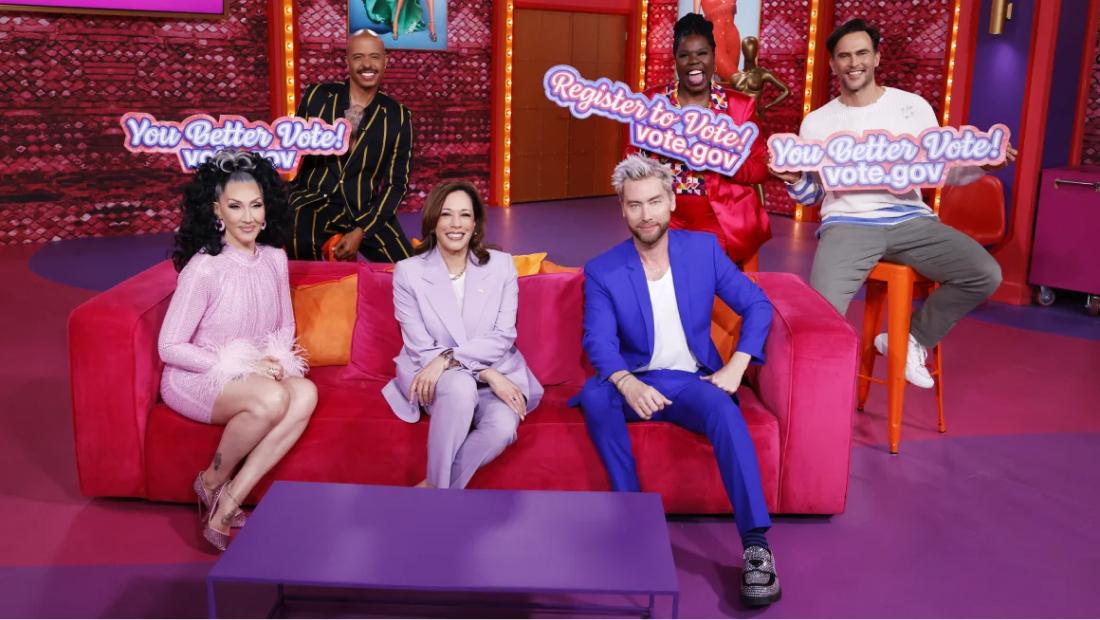 EN EL PROGRAMA. Durante su mensaje Kamala Harris estuvo acompañada por personalidades de la comunidad drag. / INSTAGRAM @rupaulsdragrace.