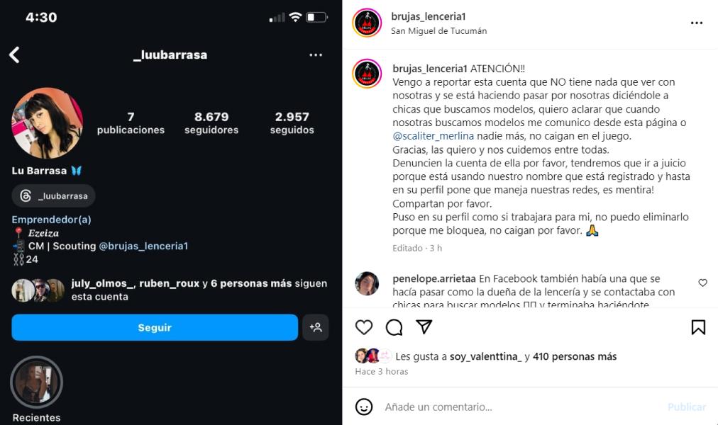 La publicación que hizo en Instagram Burjas Lencería