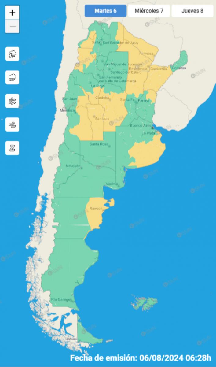 Mapa de alertas del Servicio Meteorológico Nacional