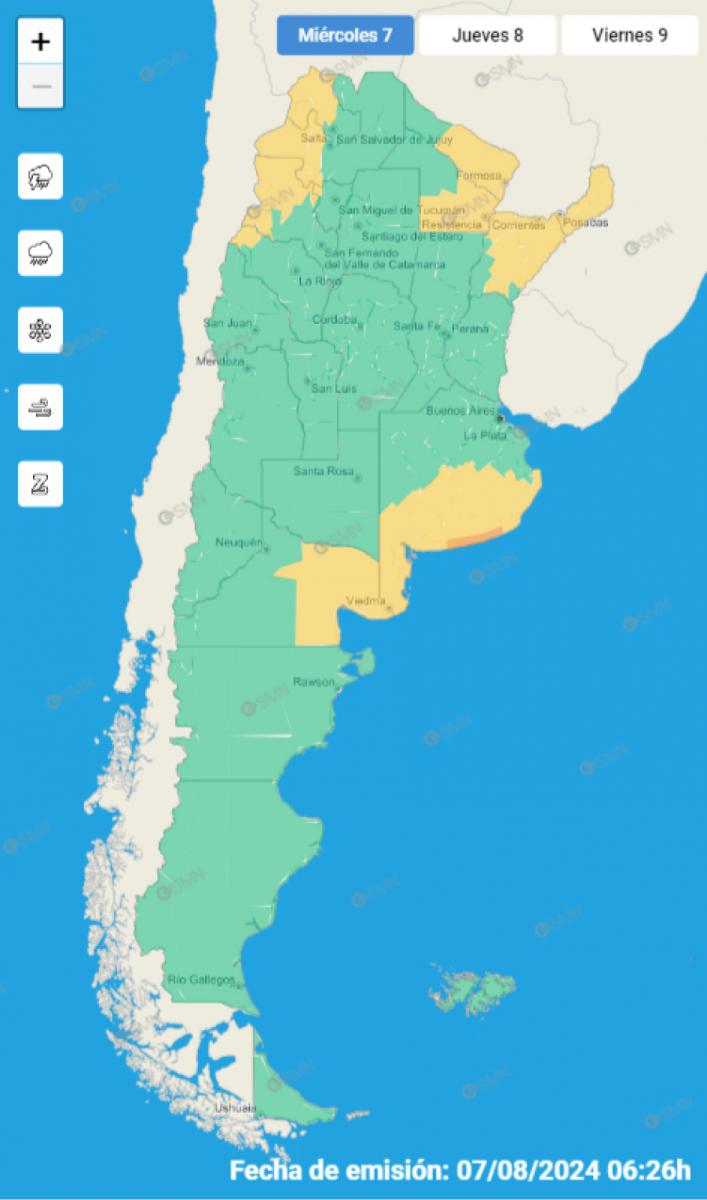 Mapa de alertas del Servicio Meteorológico Nacional