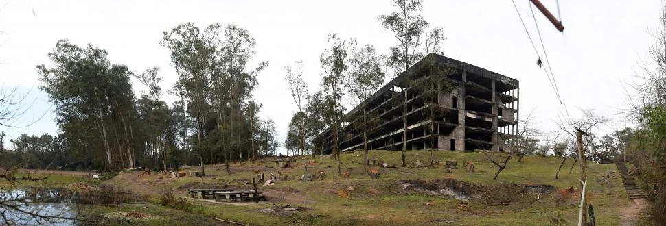 EMBLEMA DE LA CIUDAD UNIVERSITARIA. Hoy están sacando 80 eucaliptos cerca del edificio, para aventar riesgos de caída de los viejos ejemplares. fotos de diego aráoz - parque sierra de san javier - gentileza