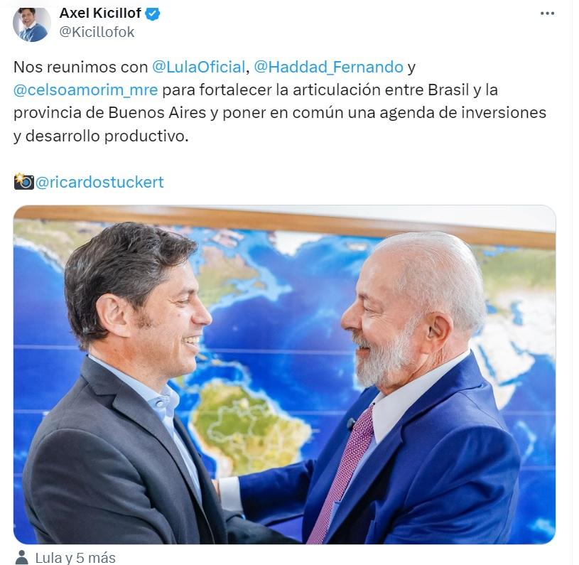 Tras las críticas de Javier Milei, Lula da Silva recibió a Axel Kicillof en Brasil