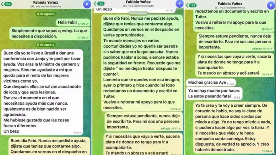 LOS MENSAJES. Entre el 4 y el 5 de agosto Fabiola Yáñez y Ayelén Mazzina intercambiaron los chats.