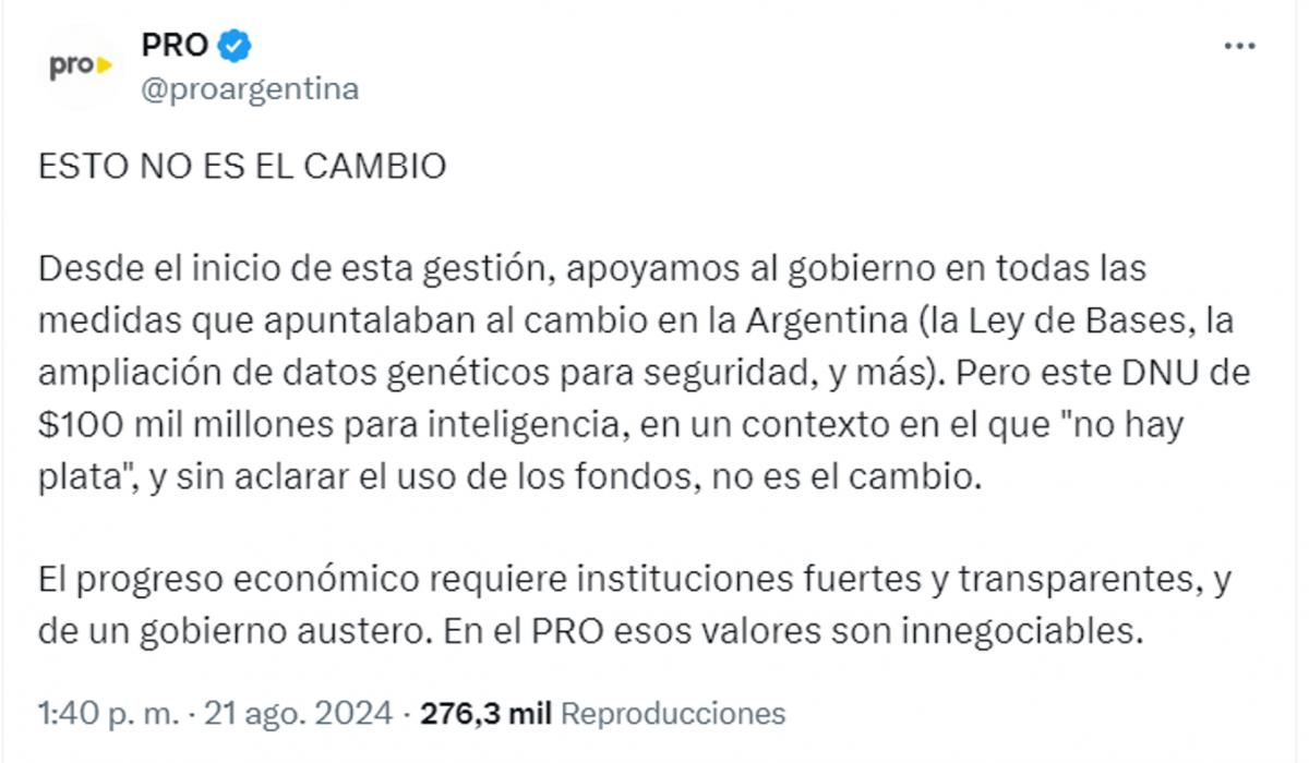 Esto no es el cambio: el fuerte comunicado del PRO tras rechazar el decreto que aumentaba los fondos reservados de la SIDE