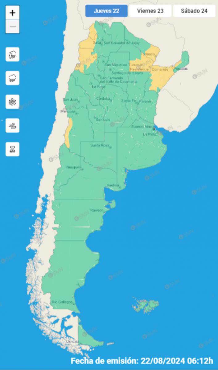 Mapa de alertas del Servicio Meteorológico Nacional