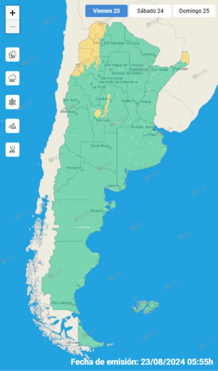 Mapa de alertas del Servicio Meteorológico Nacional