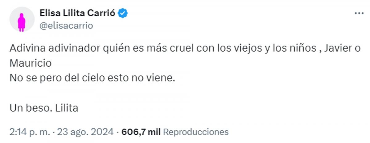 ¿Quién es más cruel?: Carrió arremetió contra Milei y Macri por el veto a la ley de movilidad jubilatoria