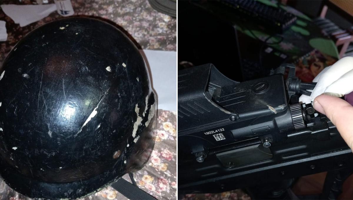 ATAQUE. Así quedaron el casco y el arma del policía del grupo CERO.