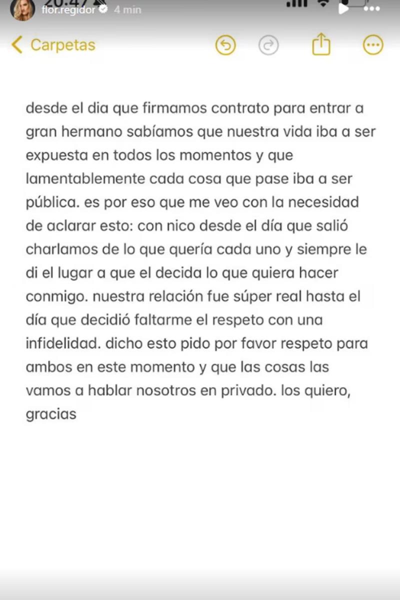 El descargo de Florencia de Gran Hermano contra su ahora ex novio, Nicolás