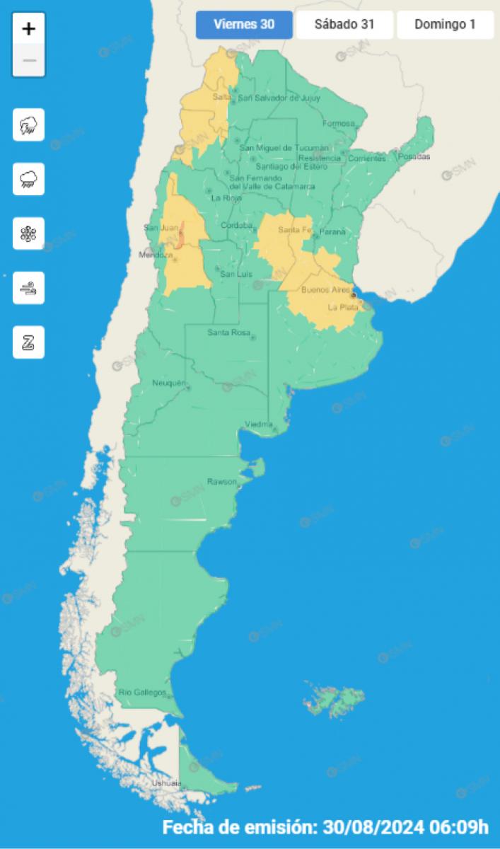 Mapa de alertas del Servicio Meteorológico Nacional