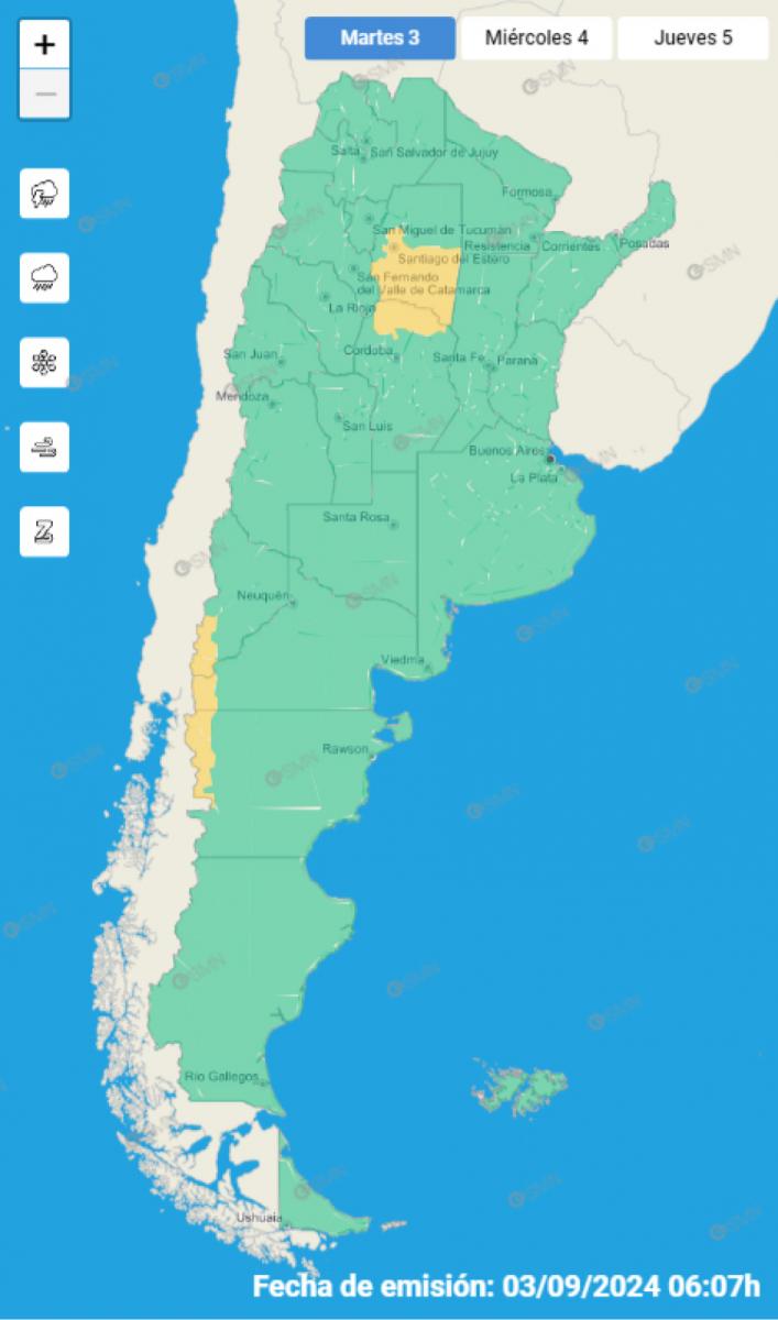 Mapa de alertas del Servicio Meteorológico Nacional