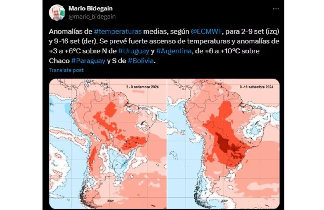 El mapa de las temperaturas altas en Argentina y la región.