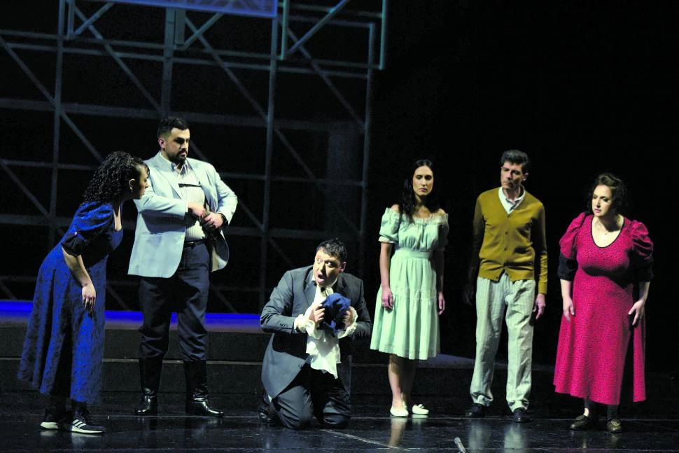 LOS PERSONAJES PRINCIPALES. Don Giovanni, rodeado por Donna Anna, Donna Elvira, Don Ottavio, Zerlina y Masetto, en  un momento crucial.