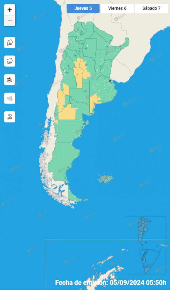 Mapa de alertas del Servicio Meteorológico Nacional