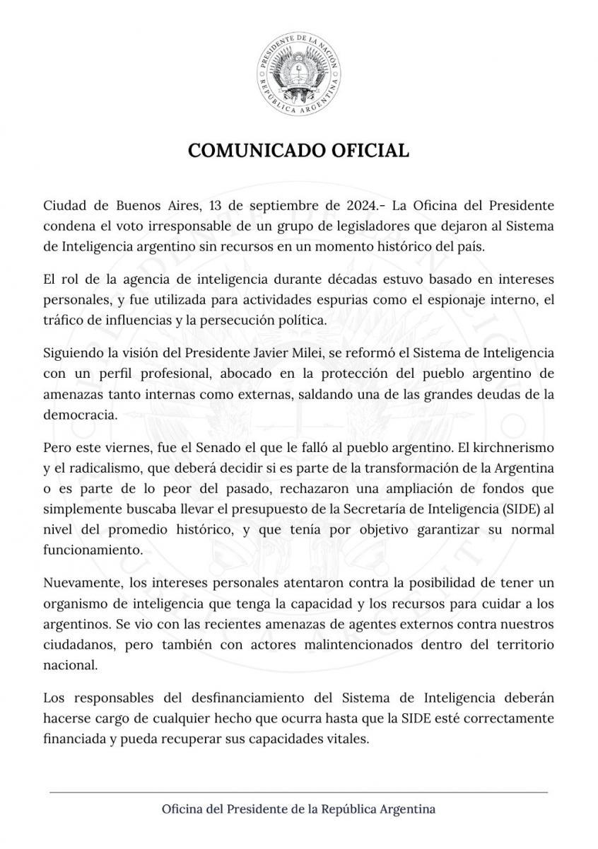 El Gobierno repudió la decisión de Senadores por la quita de fondos a la SIDE: “Deberán hacerse cargo”