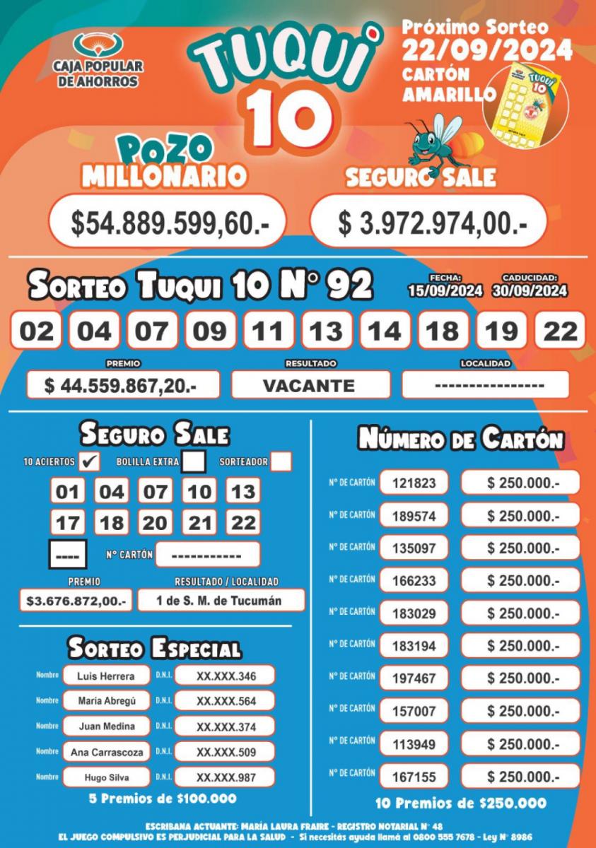 Tuqui 10: estos son los resultados del sorteo del domingo 15 de septiembre