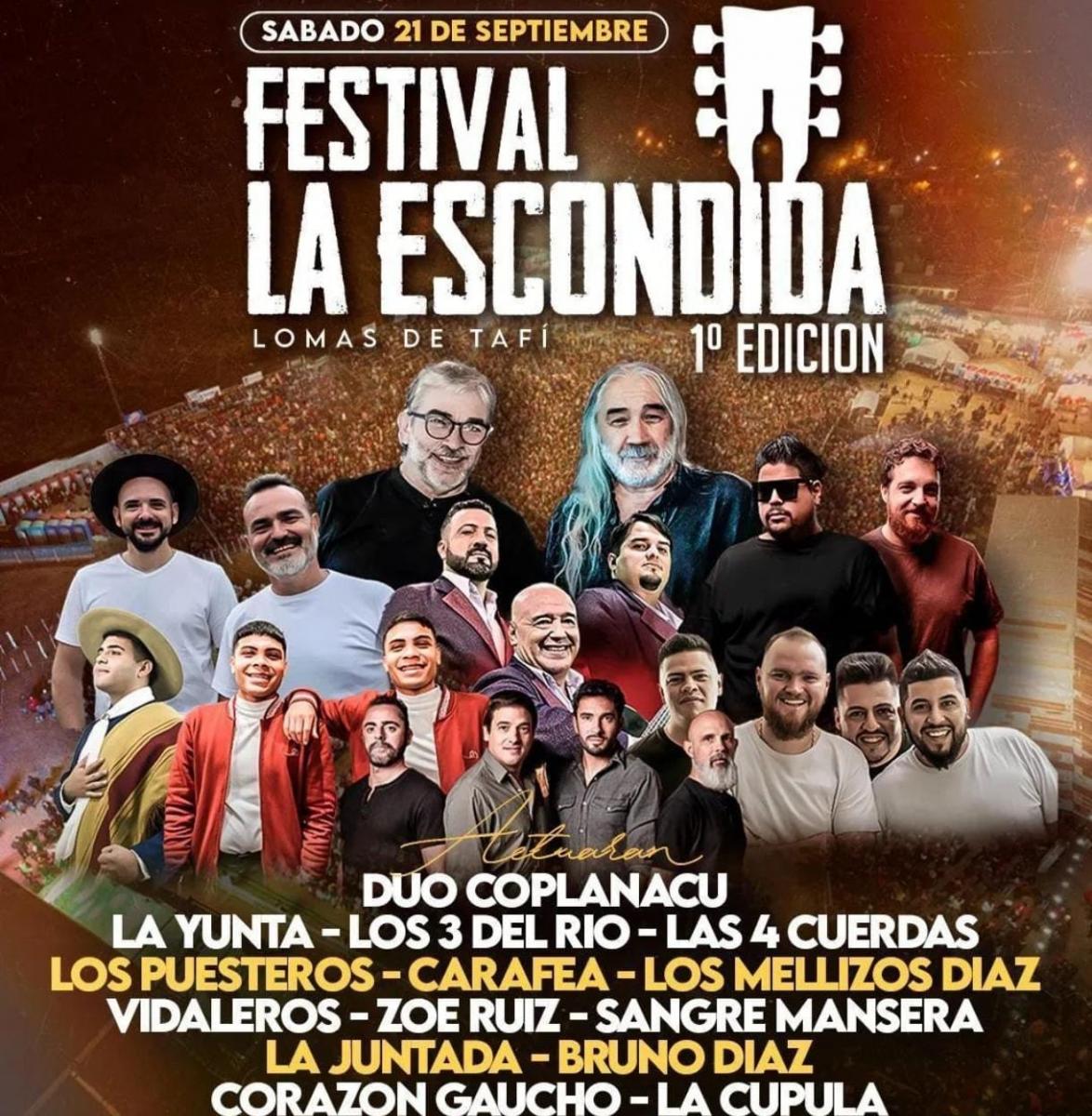 ARTISTAS. La propuesta incluye la presencia de grupos como el Dúo Coplanacu, Dúo La Yunta, Los Puesteros, Los Mellizos Díaz, y muchos más. / INSTAGRAM @laescondida.tucuman