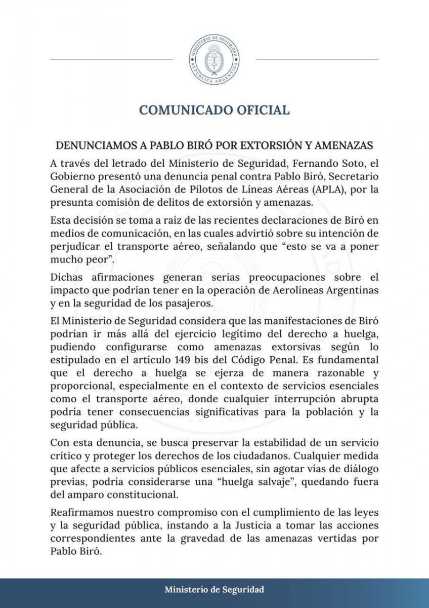 Conflicto aeronáutico: el Gobierno denunció al sindicalista Pablo Biró por amenazas y extorsión