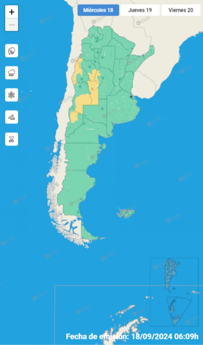 Mapa de alertas del Servicio Meteorológico Nacional