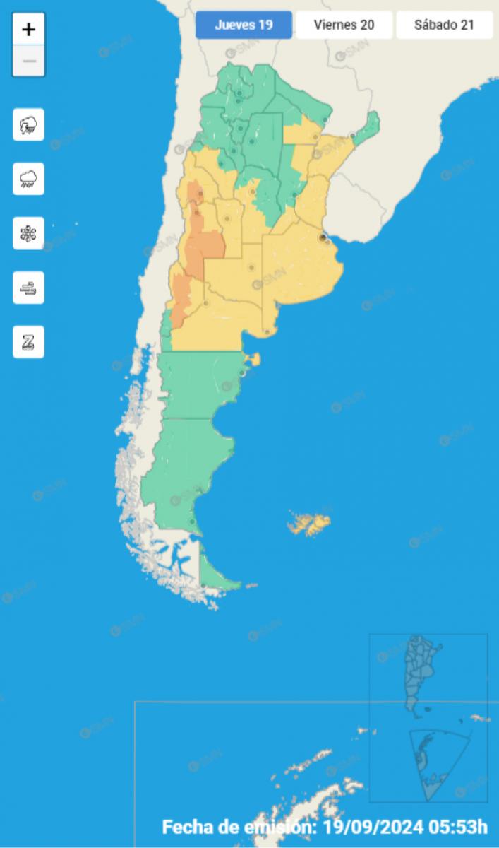 Mapa de alertas del Servicio Meteorológico Nacional