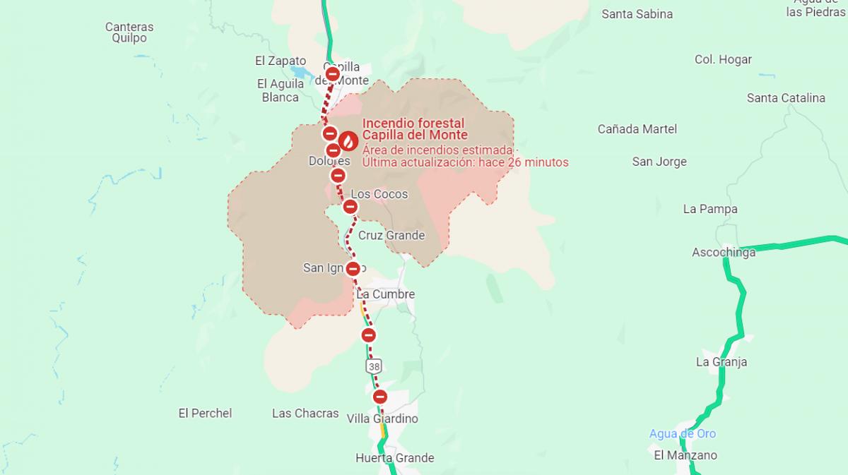 Google Mpas advierte cuál es la zona afectada por los incendios alrededor de Capilla del Monte.