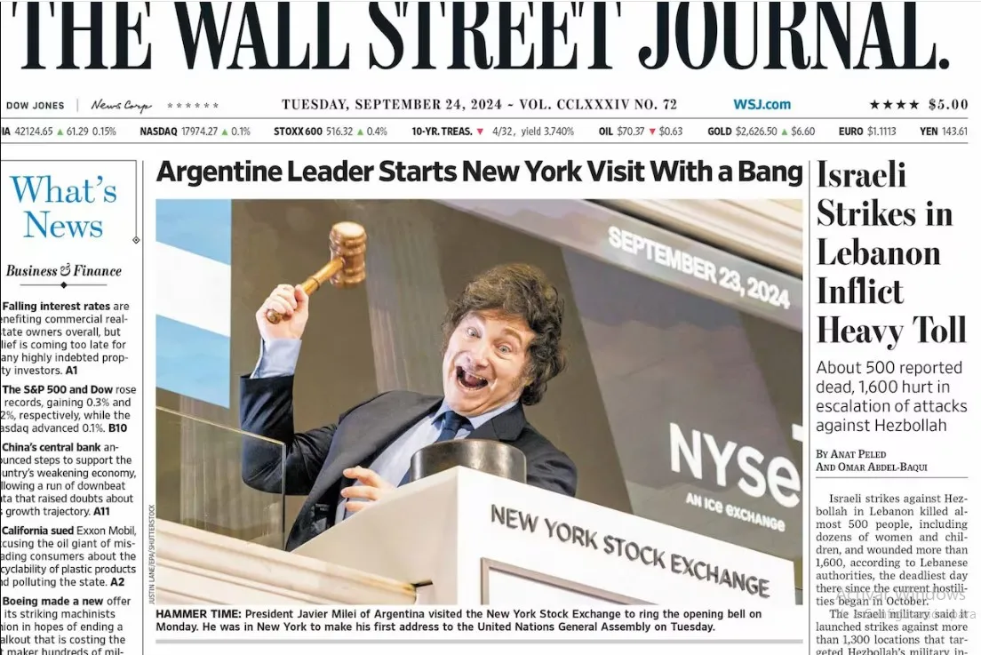 Javier Milei en Nueva York  es tapa del diario The Wall Street Journal 