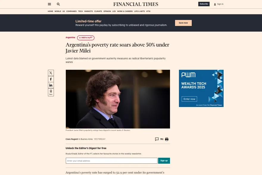 LA POBREZA ARGENTINA ES NOTICIA. Captura de pantalla de la edición digital de la nota publicada en el Financial Times./CAPTURA DE PANTALLA