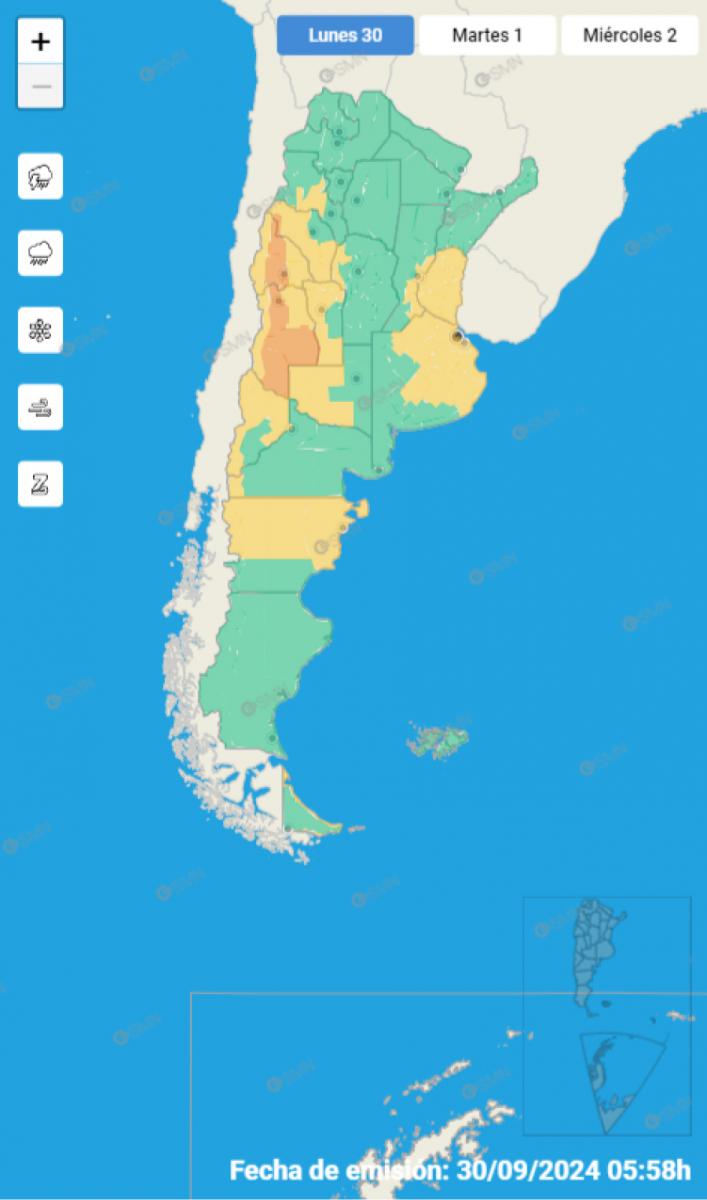 Mapa de alertas del Servicio Meteorológico Nacional