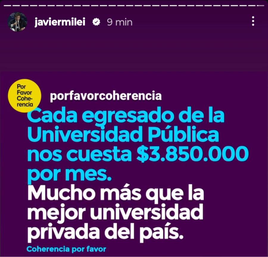 LA PUBLICACIÓN. El presidente subió a sus historias la imagen de Coherencia Por Favor. / CAPTURA DE PANTALLA.