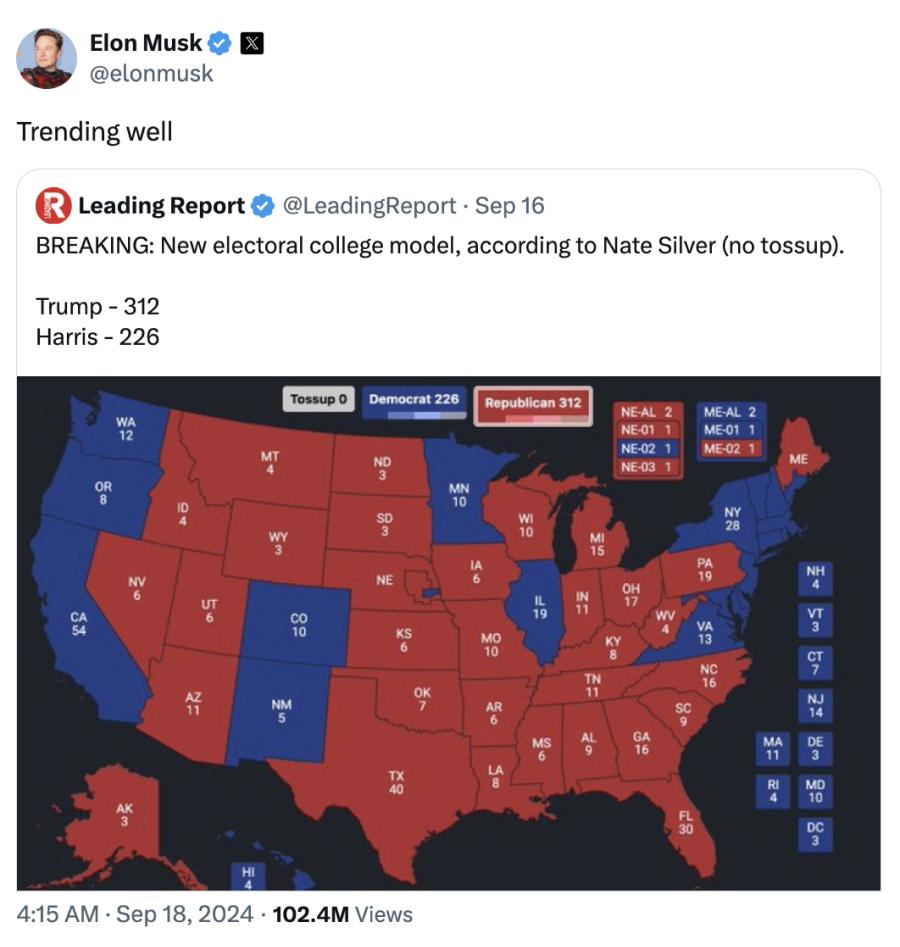 DESMENTIDO. Uno de los mensajes falsos es la republicación de una encuesta de la opinión pública sobre Trump y Kamala, basada en un pronóstico desactualizado de Nate Silver. / CAPTURA DE PANTALLA.