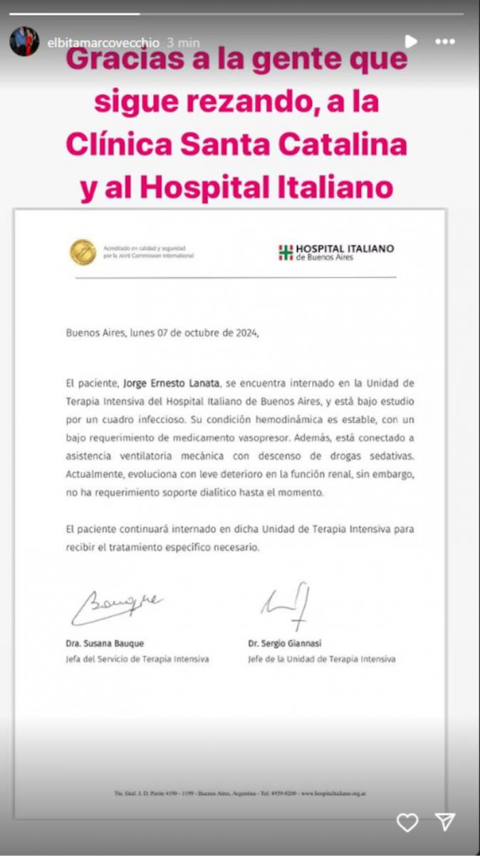 El último parte médico fue compartido por su esposa Elba Marccovechio. 