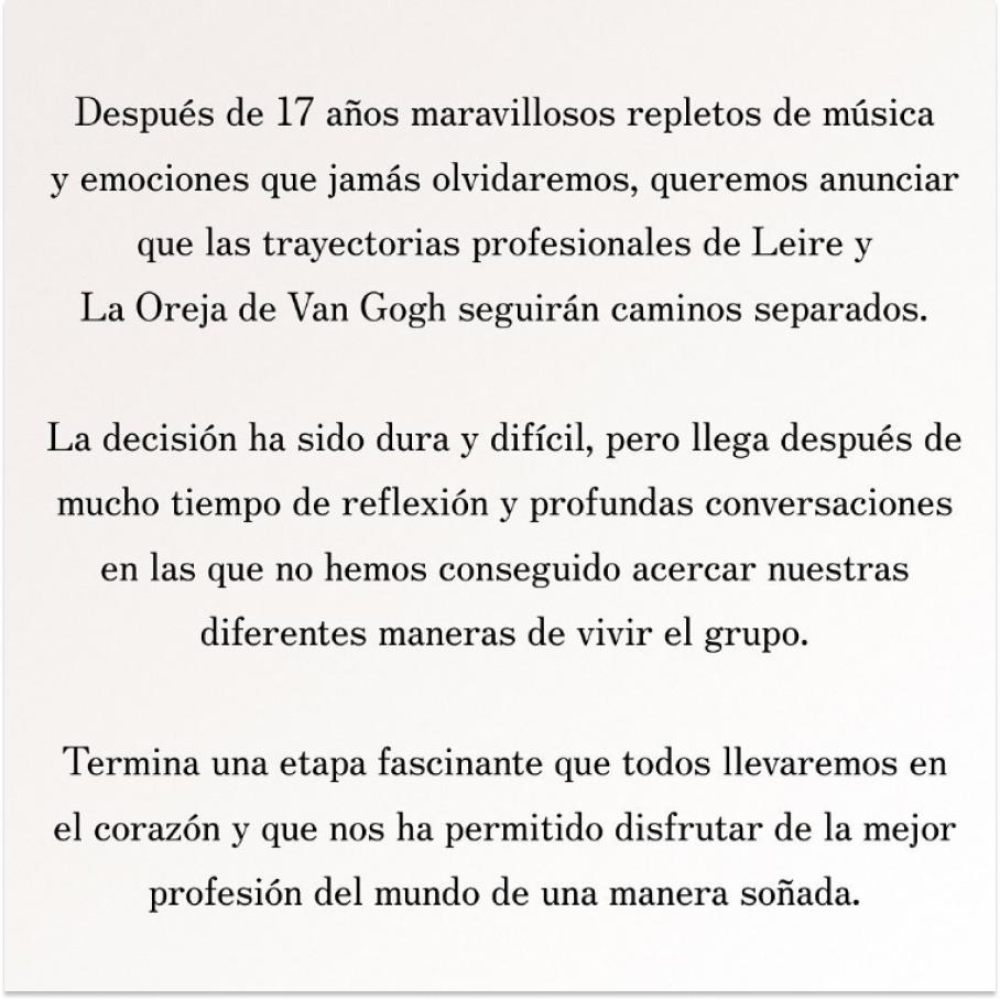 Así explicó La Oreja de Van Gogh la salida de Leire Martínez de la banda.