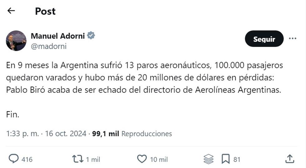 Conflicto aeronáutico: el Gobierno echó a Pablo Biró del directorio de Aerolíneas Argentinas