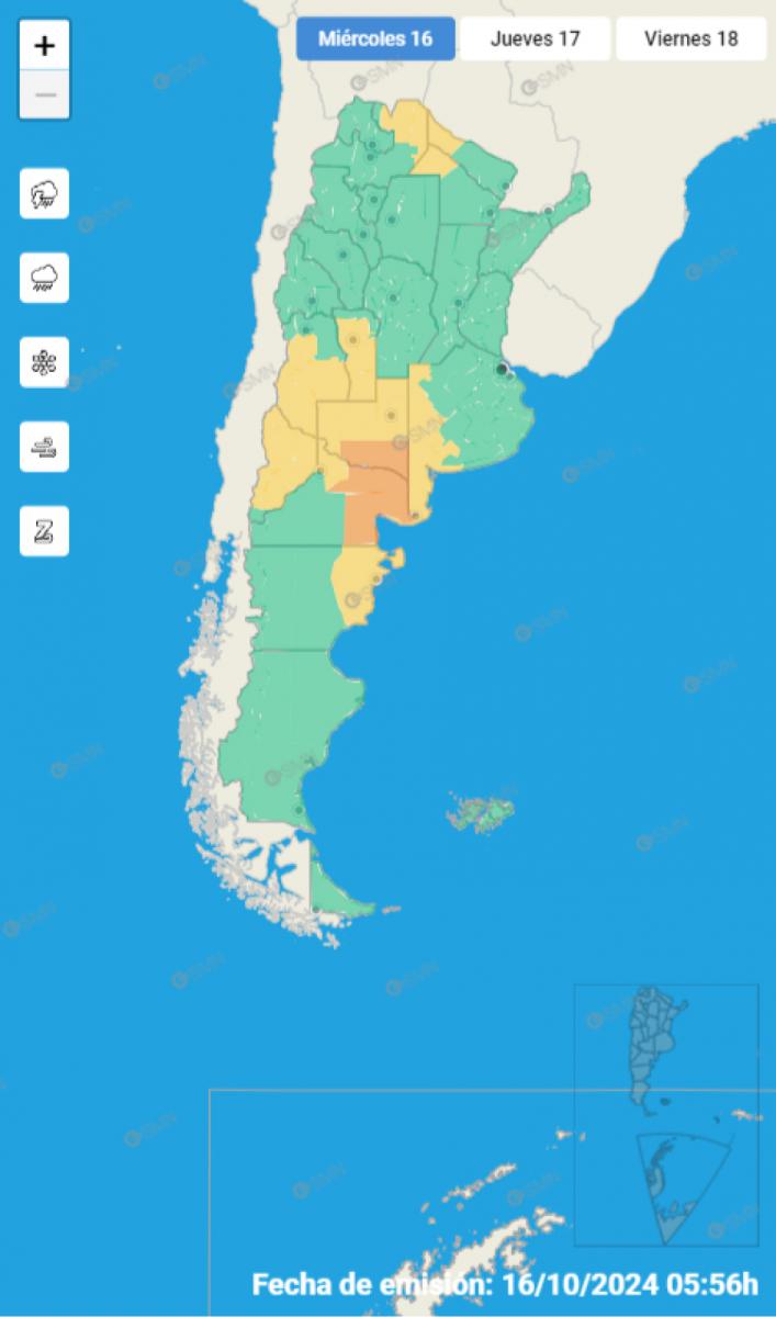 Mapa de alertas del Servicio Meteorológico Nacional