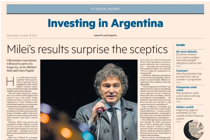 PUBLICACIÓN. Captura de pantalla de una de las noticias sobre la Argentina publicadas este 23 de octubre por Financial Times. / CAPTURA DE X