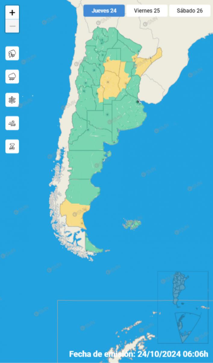 Mapa de alertas del Servicio Meteorológico Nacional