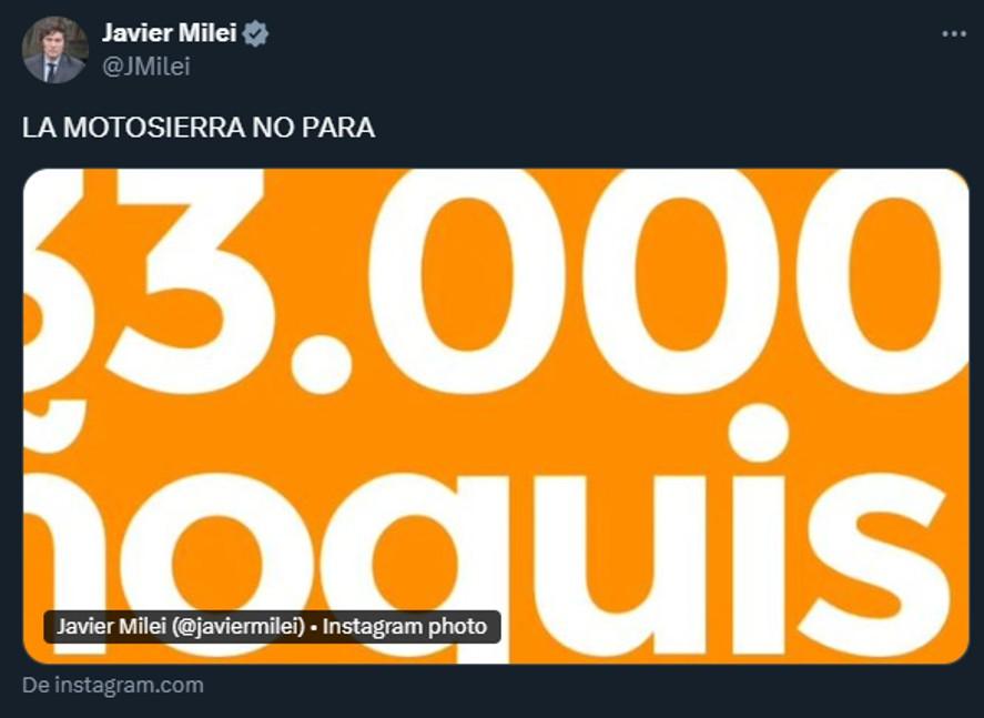 La motosierra no para: Milei celebró en las redes sociales la reducción de empleados estatales