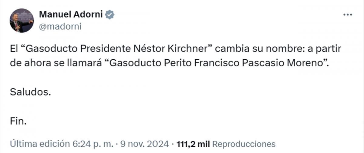 El Gobierno anunció que le cambiará el nombre al Gasoducto Néstor Kirchner: cómo se llamará