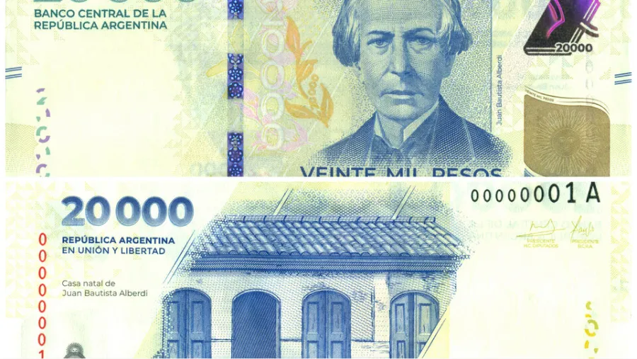 El billete de $20.000 es azul y tiene el rostro de Juan Bautista Alberdi