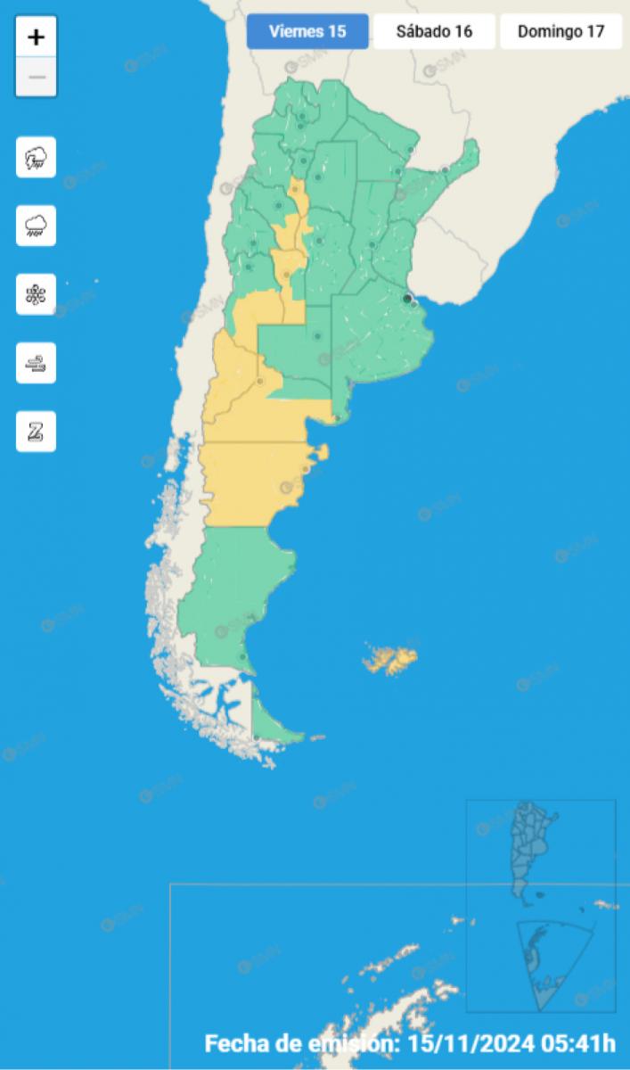 Mapa de alertas del Servicio Meteorológico Nacional