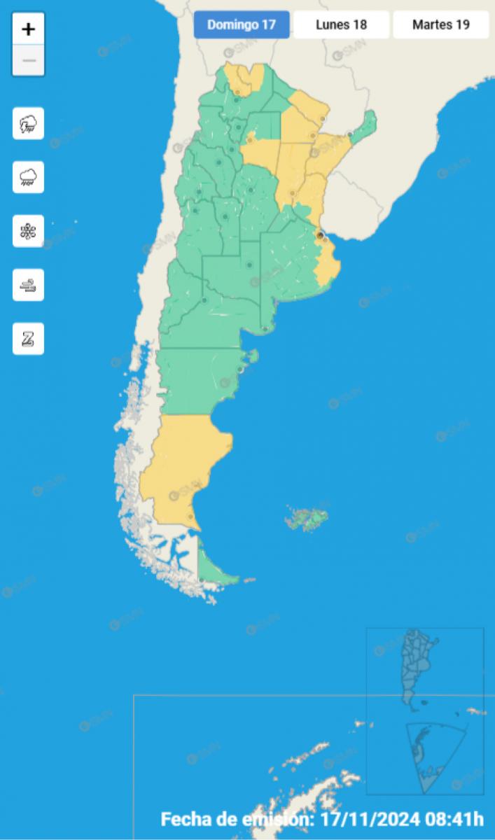 Mapa de alertas del Servicio Meteorológico Nacional