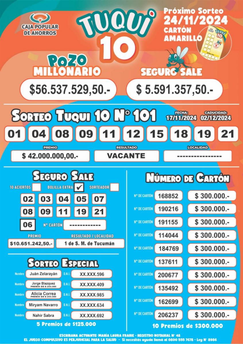 Tuqui 10: estos son los resultados del sorteo del domingo 17 de noviembre