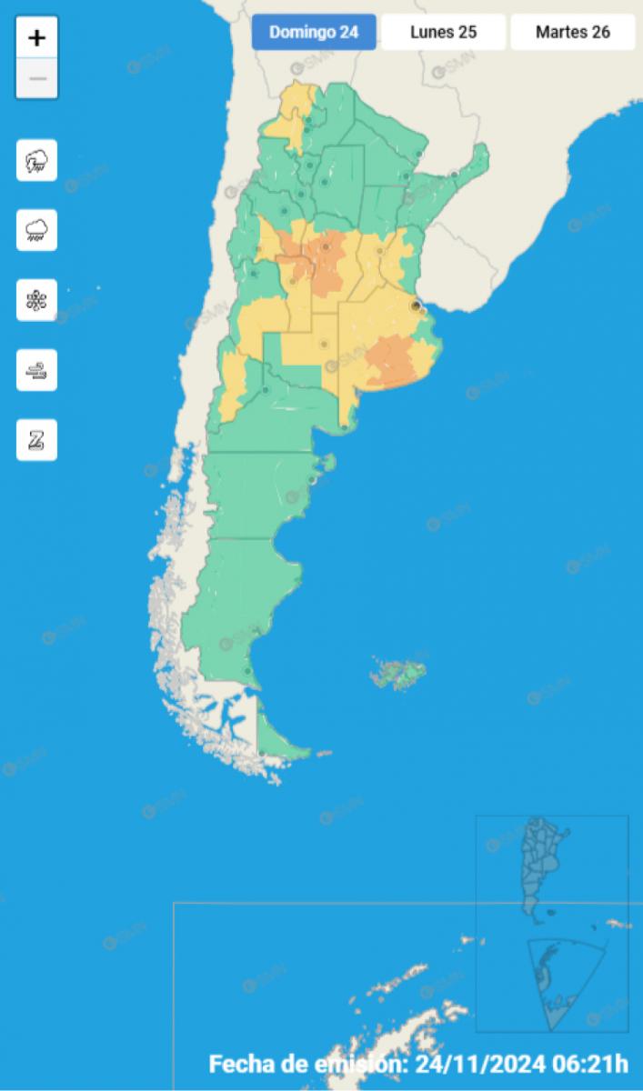 Mapa de alertas del Servicio Meteorológico Nacional