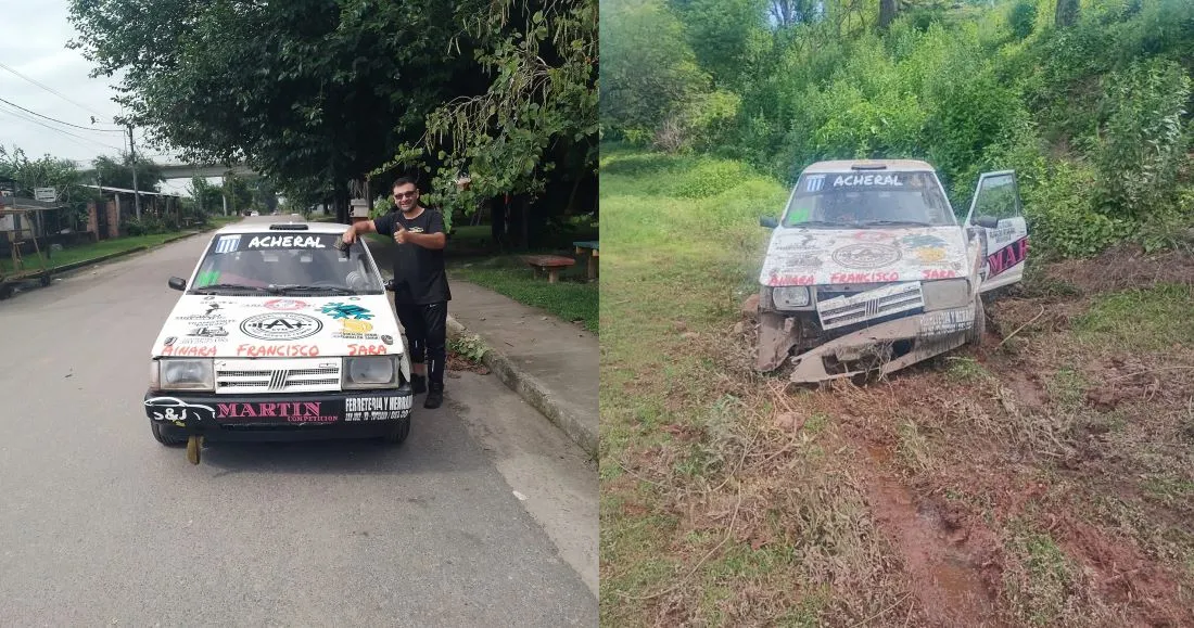 ANTES Y DESPUÉS. Martin posa con el Fiat Regatta listo para competir. La máquina quedó tendida al costado del camino durante el primer especial de la última fecha del torneo local.