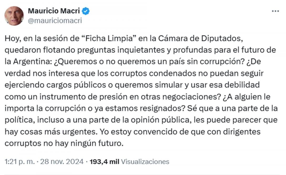 Ficha Limpia: Con dirigentes corruptos no hay ningún futuro, afirmó Mauricio Macri